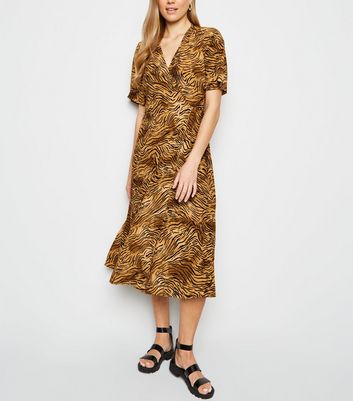 Brown Tiger Print Midi Wrap Dress | New ...